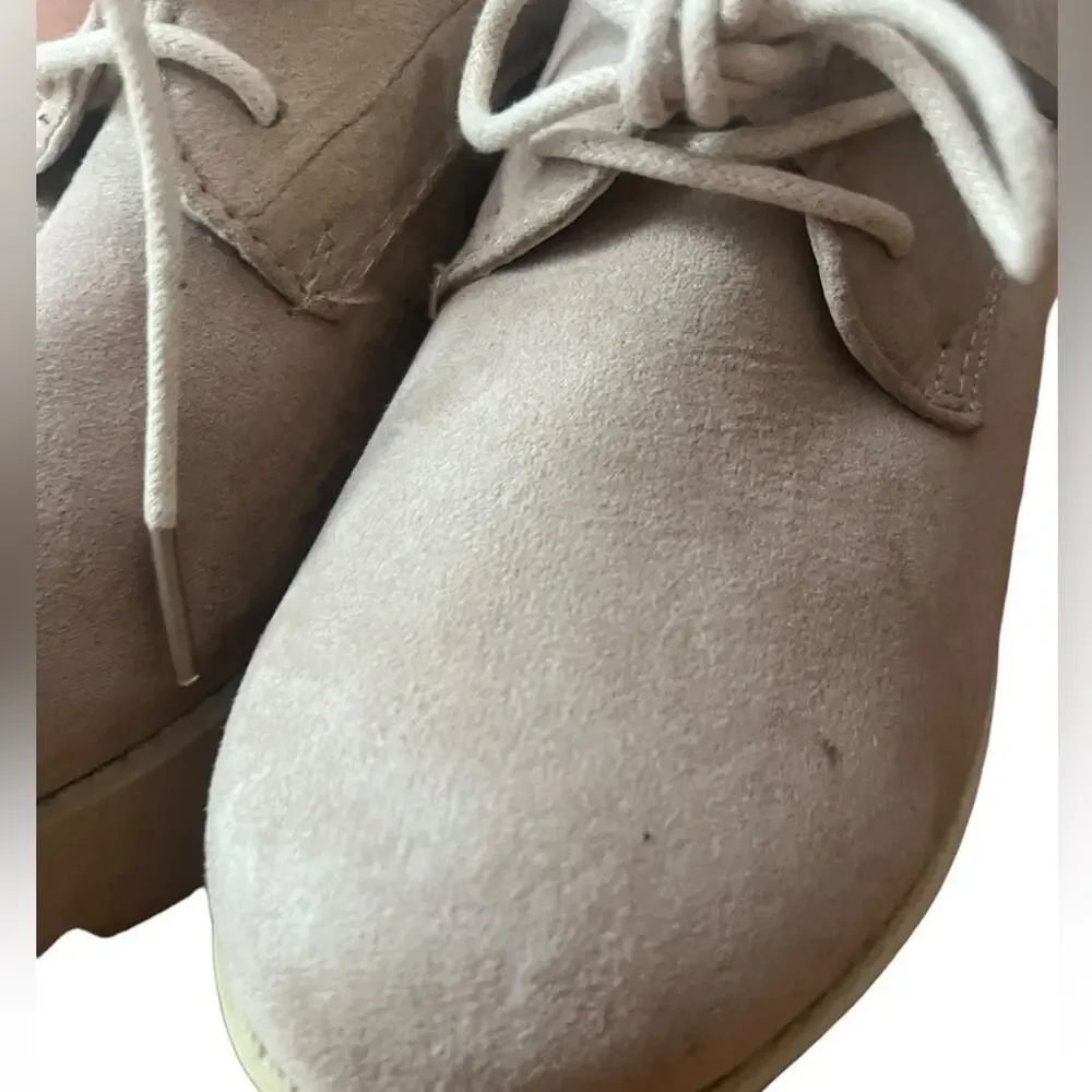 Vtg 90s Y2K Coolway Tan Suede Chunky Lace Up Oxford Heeled Loafers